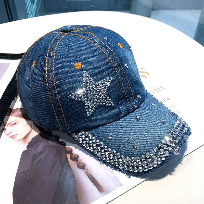 Women Punk Shiny Rhinestone Denim Baseball Cap
