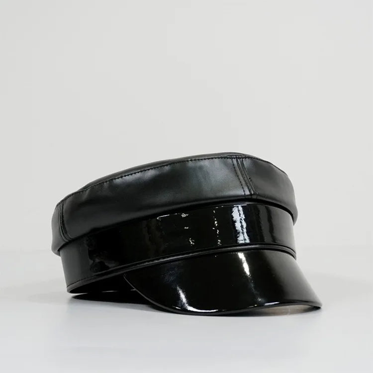 PU Leather Newsboy Caps Flat Top Navy Cap