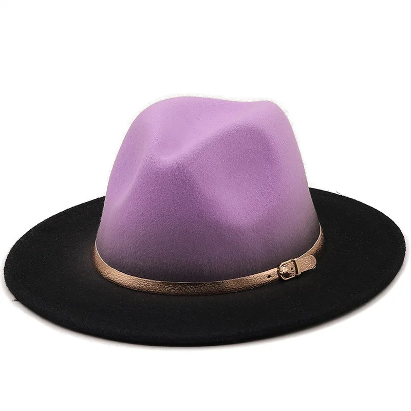 Women Patchwork Wide Brim Gradient Gold Belt Church Derby Top Hat