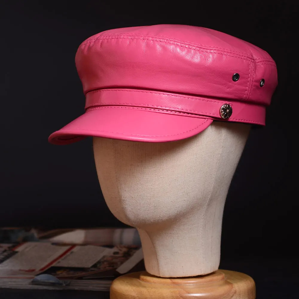 New Women's Ladies Genuine Leather Colorful Military Beret