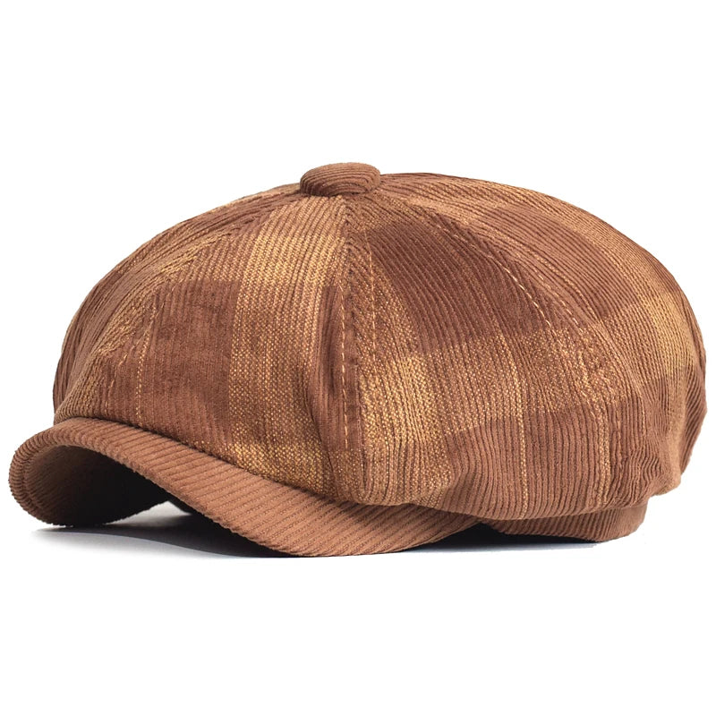 Autumn Winter Plaid Thick Newsboy Hat Corduroy Beret