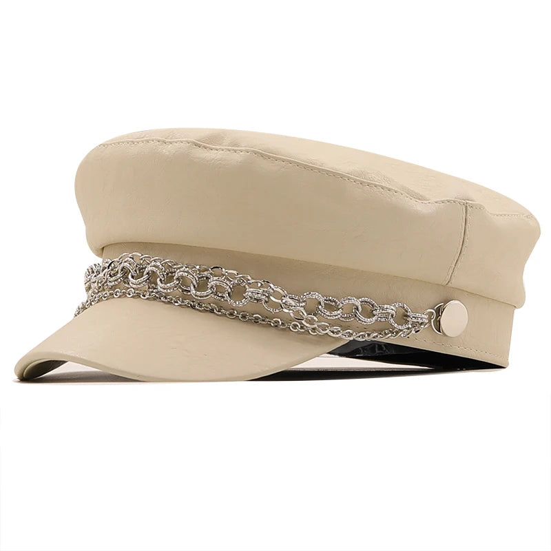 Women Ladies Autumn Winter Beret Hat PU Leather