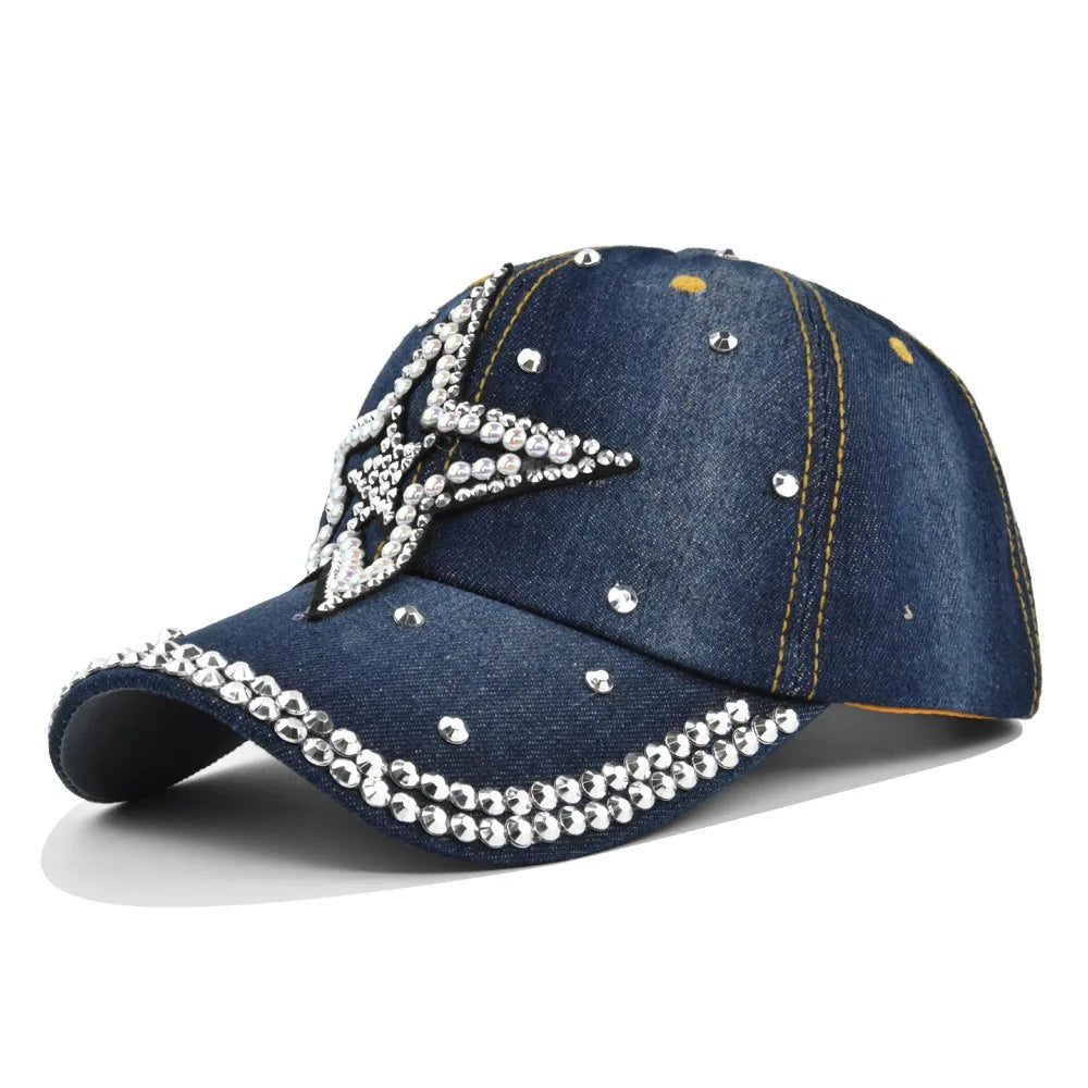 Denim Fabric Cap With Rhinestones Hip-Hop Hat