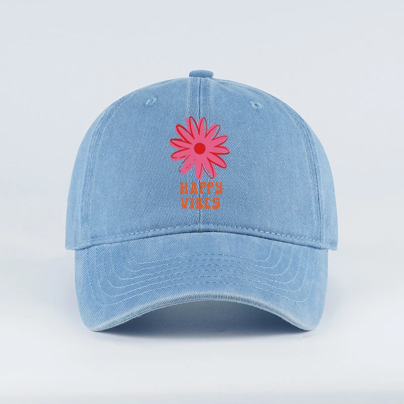 Happy Vibes Floral Print Washed Baseball Cap