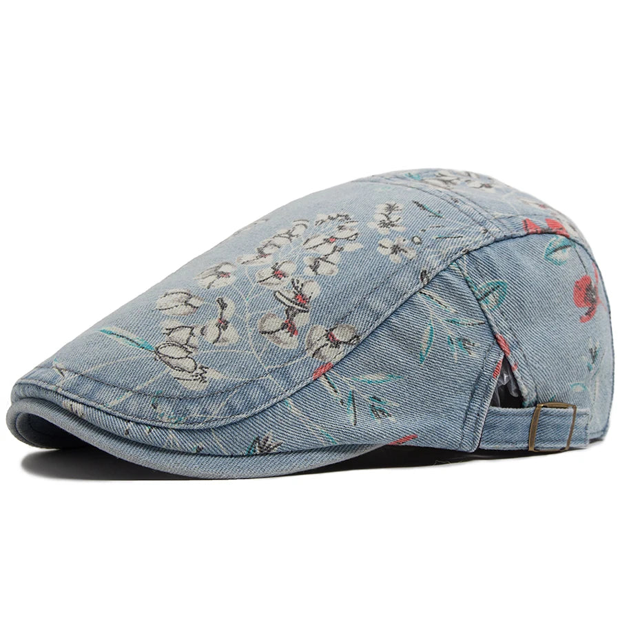 New Vintage Print Denim Beret Women Men Cotton Newsboy Cap Casual Visor Fashion Flat Hat