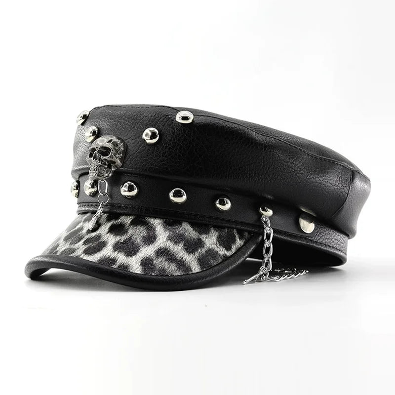 Fashion PU Leather Women Beret Punk Style Vintage Flat Top Military Caps