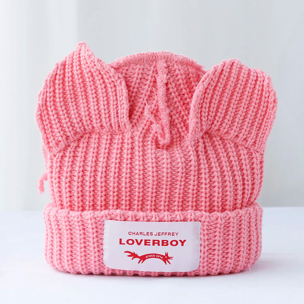Lover Boy Cat Ear Knit Hat Solid Warm Pig Ear Woolen Hat