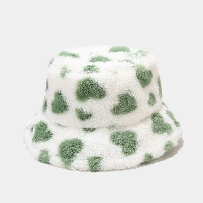 Winter Heart Print Faux Fur Fluffy Bucket Hat Women Outdoor