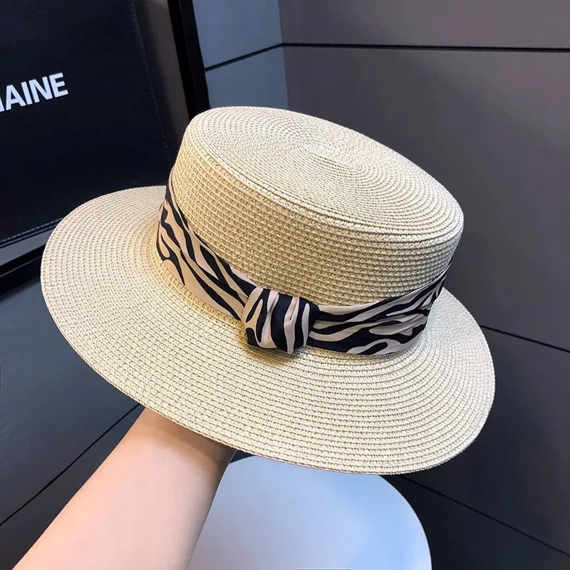 Women Summer French Retro Zebra Print Flat Top Straw Hat Outdoor Vacation Beach