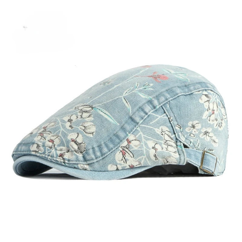 New Vintage Print Denim Beret Women Men Cotton Newsboy Cap
