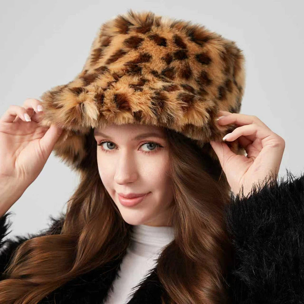 Retro Leopard Print Faux Fur Bucket Hat Winter