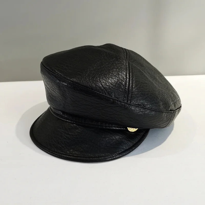Vintage Pu Leather Octagonal Hat Women's Newsboy Cap Hundred With Outing Fall