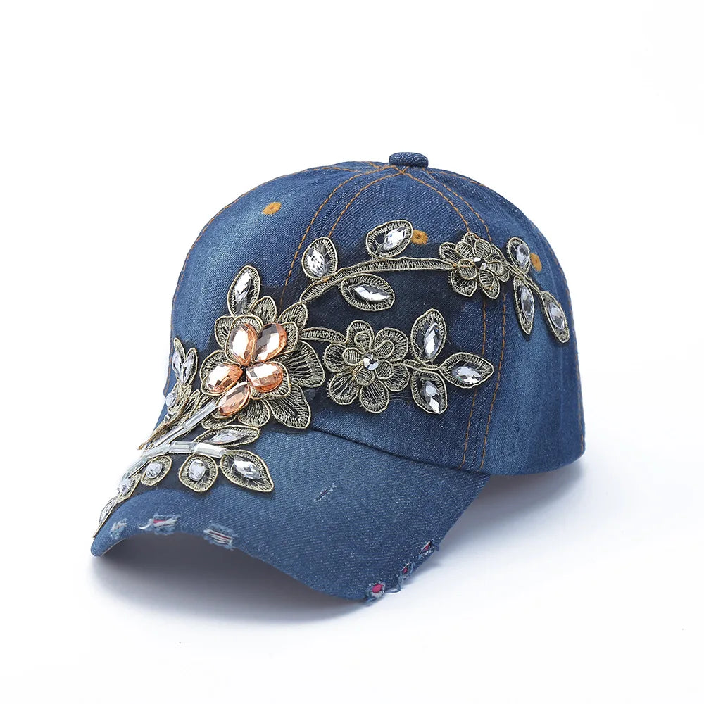 Baseball Cap Denim Distressed Rhinestone Bling Sparkle Hip Hop Hat