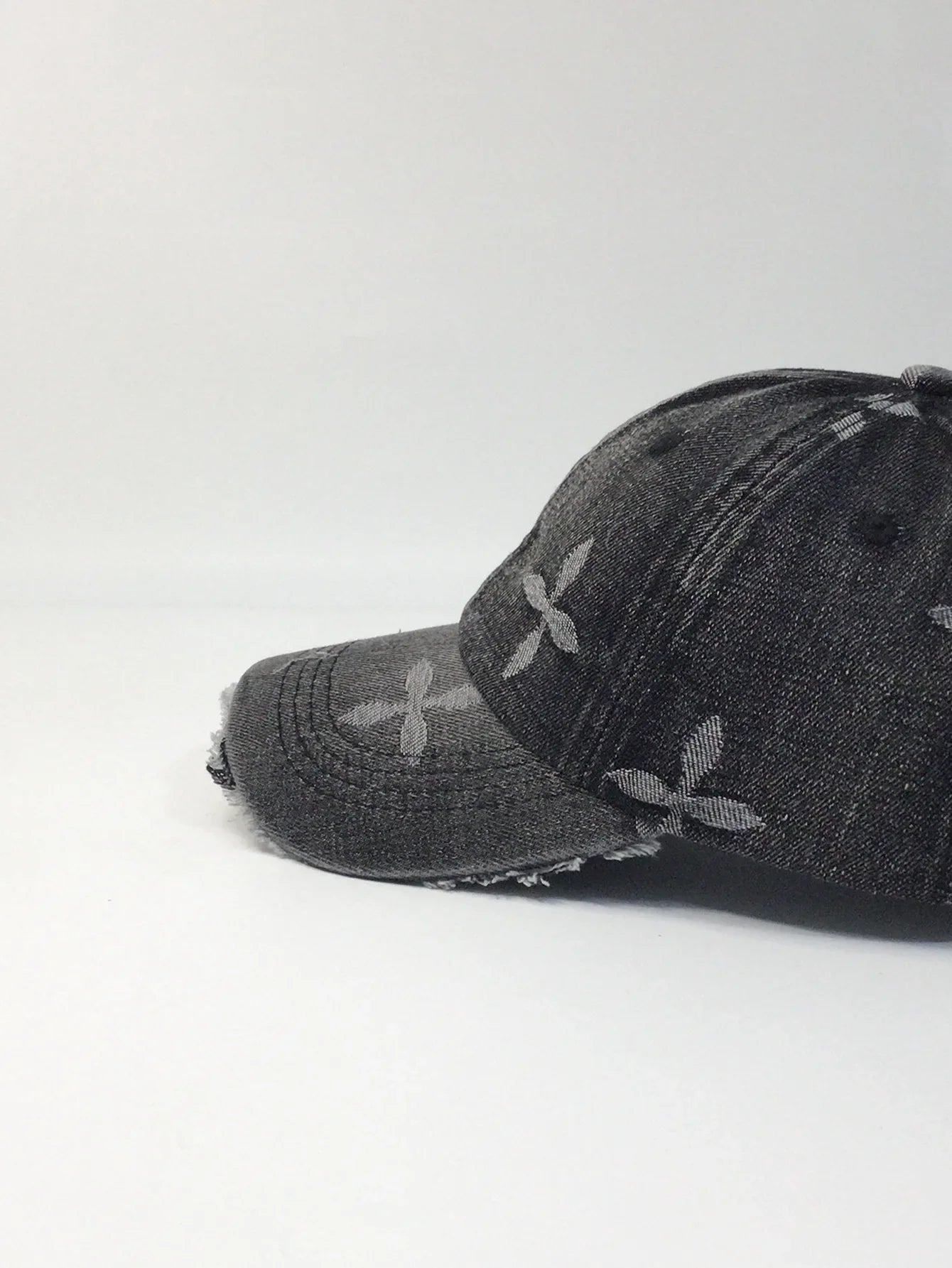 Cross Denim Baseball Cap With Jacquard Fringe, Vintage Distressed, Cropped Edge Cap
