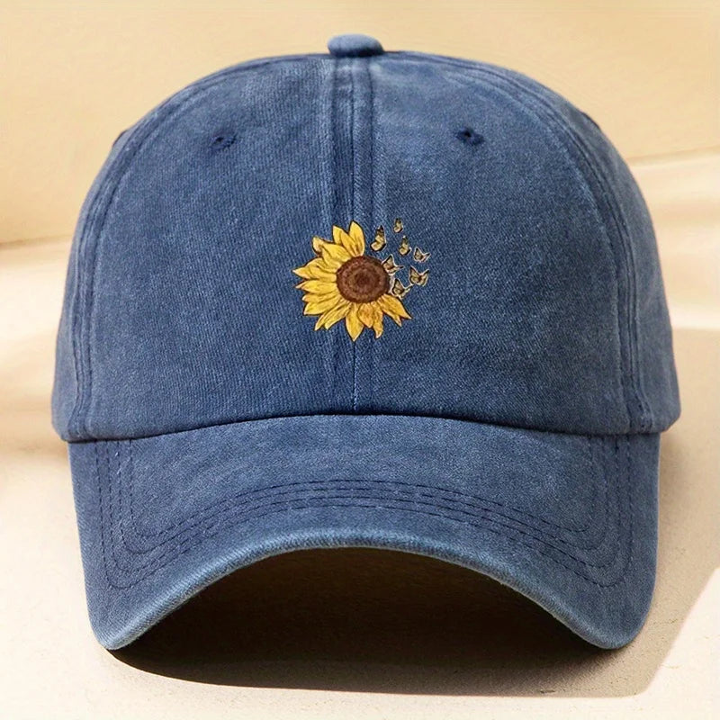 Sunflower Printed Baseball Cap with Retro Washed for Both Men and Women
