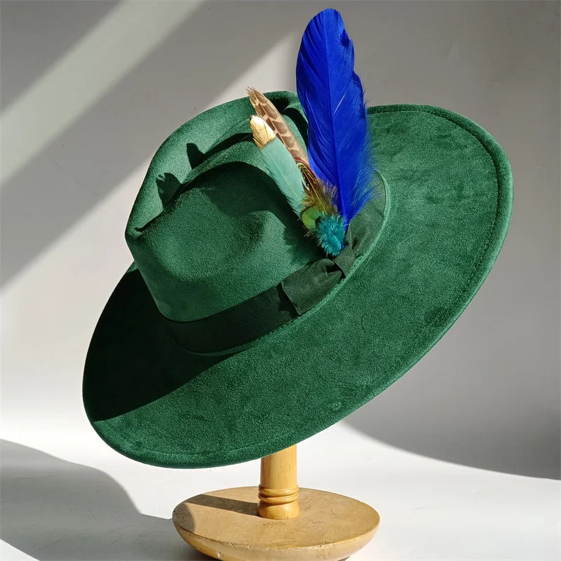 Yellow Bow Feather Suede Top Hat Wide Brim Fedora Hat