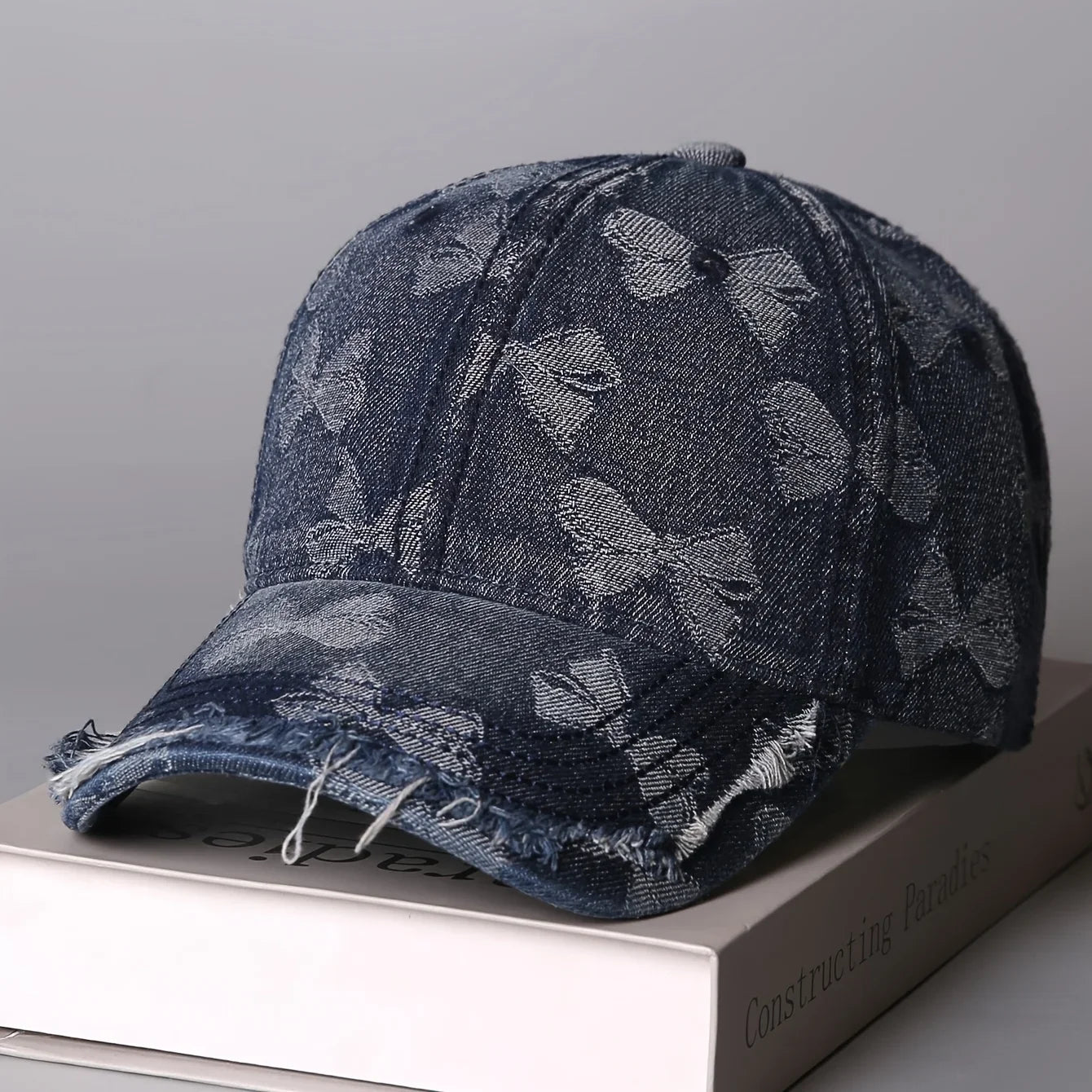 Retro Butterfly Jacquard Distressed Frayed Soft-Top Baseball Cap