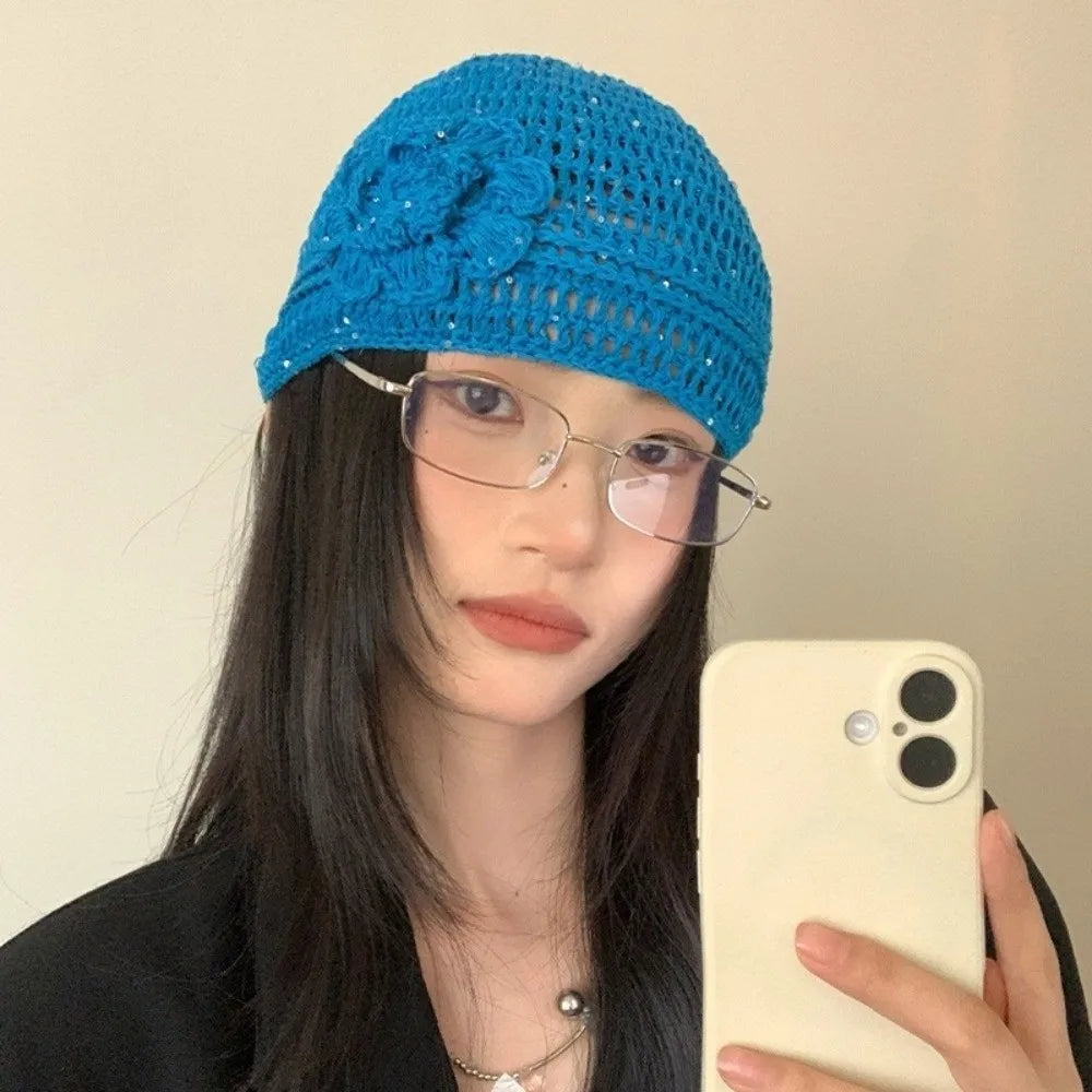 Y2k Style Flower Knitted Caps Hand-Woven Hollow Beanies Cap