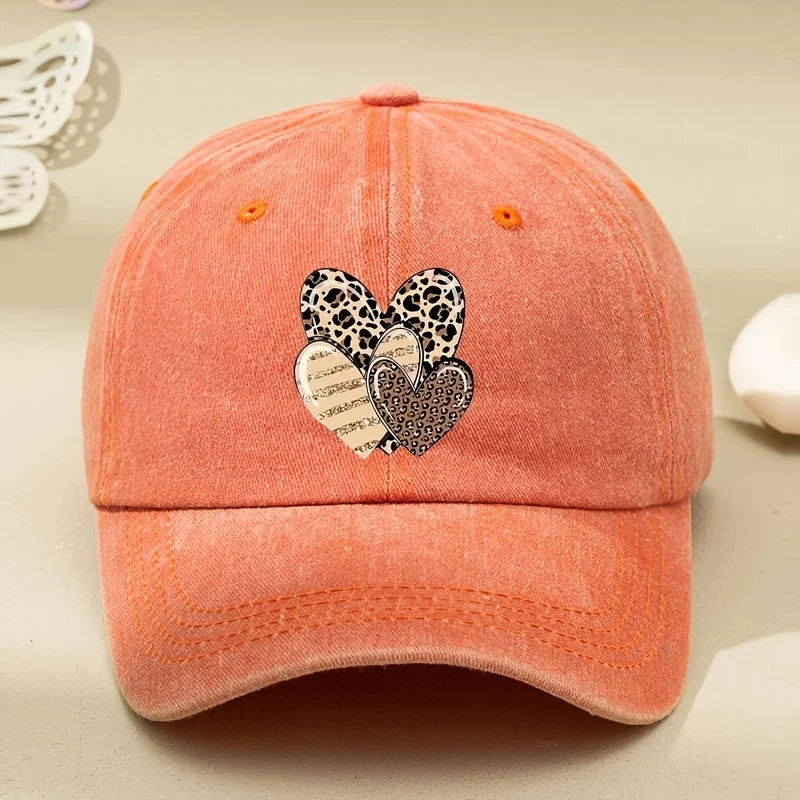 Three Leopard Print Love Pattern Women's Washed Baseball Caps