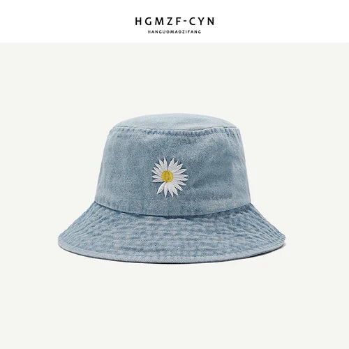 Korean Daisy Embroidery Bucket Hat Women Men