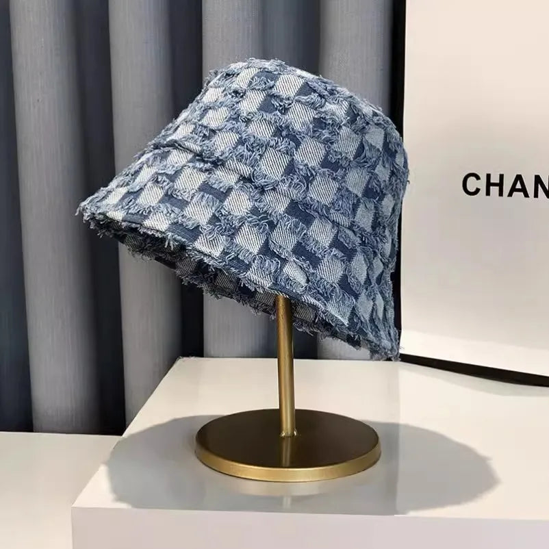 New Korean Style Denim Blue Plaid Bucket Hat
