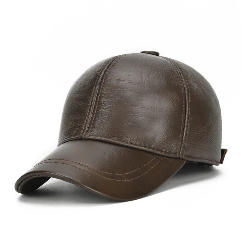 Men's Genuine Cowhide Leather Baseball Cap For Fall Winter Outdoor Sports Hat Men