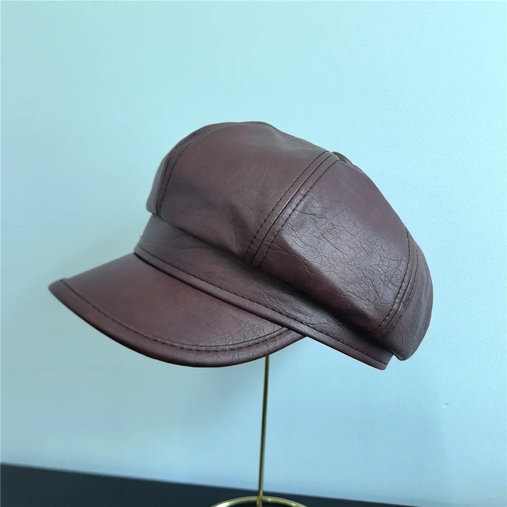 Pu Leather Beret Hat With Metal Logo Korean Retro British Painter