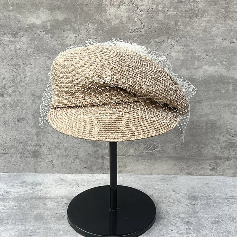 Elegant Mesh Pearl Beret Newsboy Hat Japanese Pleated Cap