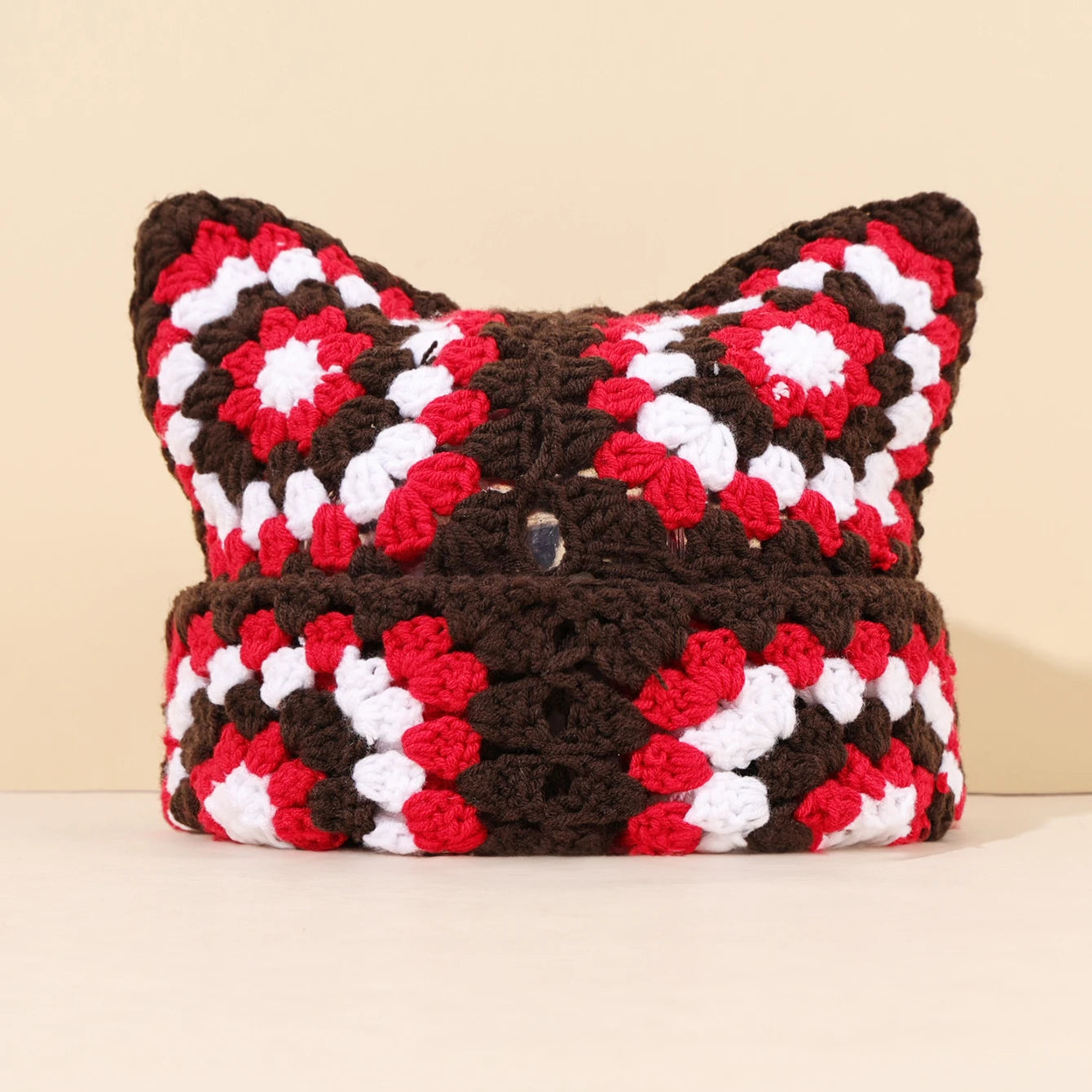 Niche Cute Cat Ear Color Matching Hand-Crocheted Beanie Hat