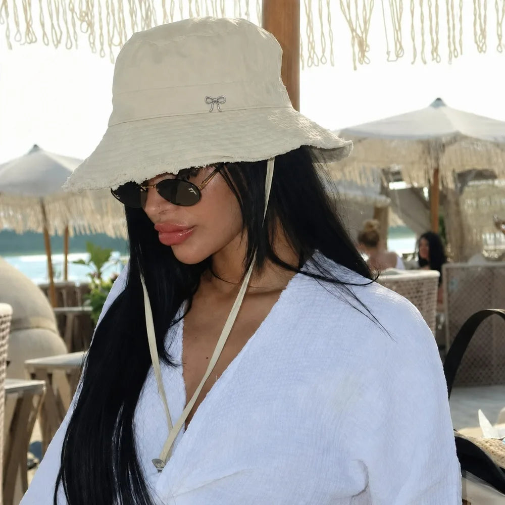 Women's Adjustable Strap Chin Drawstring Bow Distressed Edge Windproof Bucket Hat