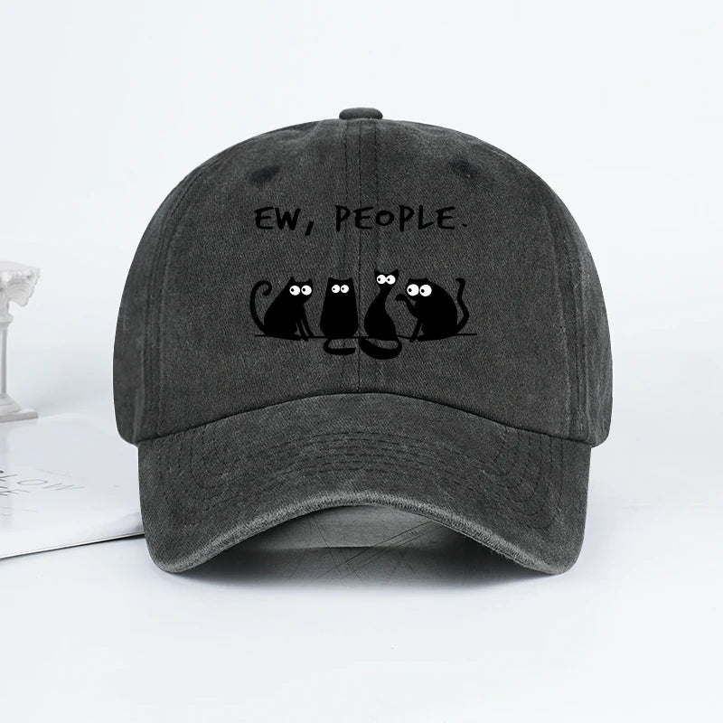 Fun “Ew, People” Cat-Print Washed Baseball Cap