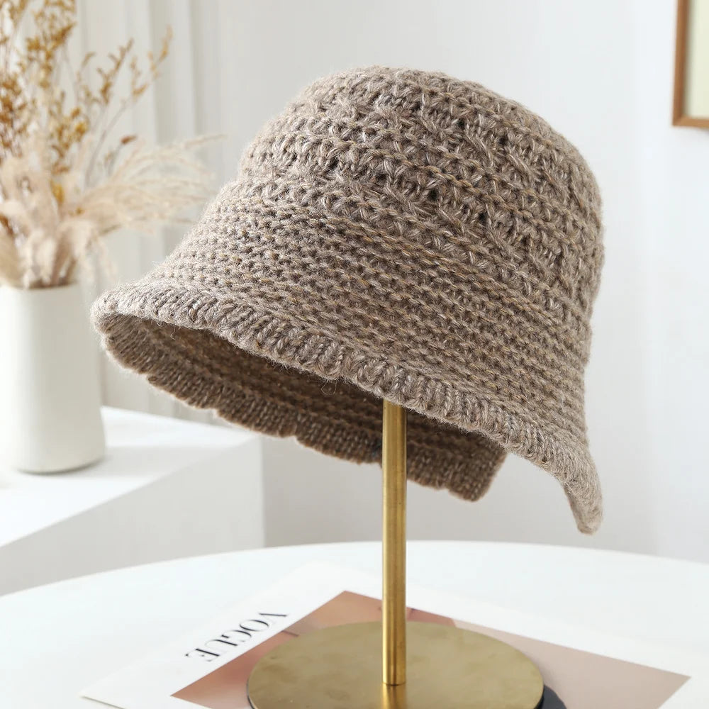 Women Openwork Knitted Bucket Hat Soft Asymmetric Brim Cap