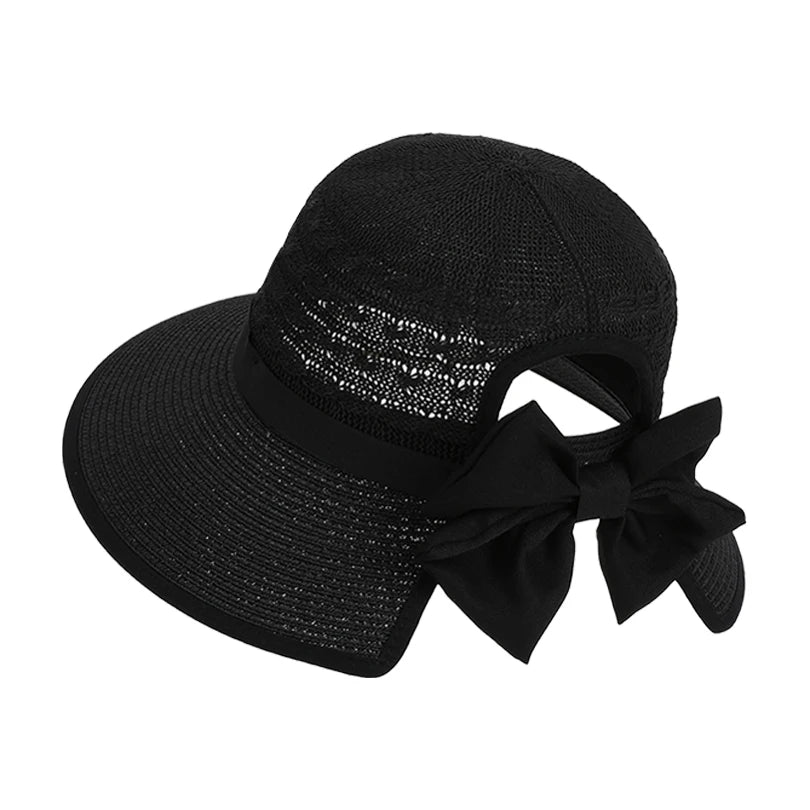 Girls' Versatile Bow-Tied Ponytail Hole Large Eaves Straw Hat