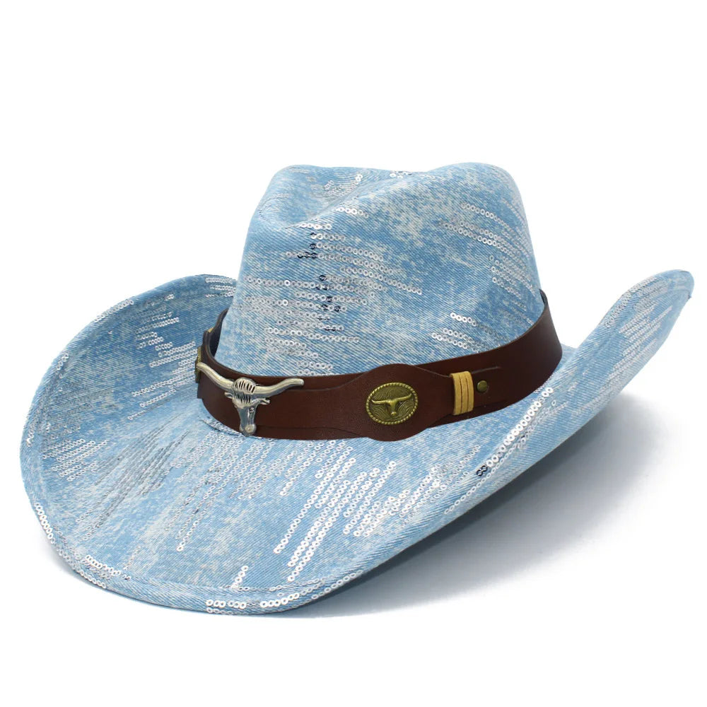 Western Blue Cowboy Hats Washed Denim Unisex Wide Curl Brim Jazz Hat