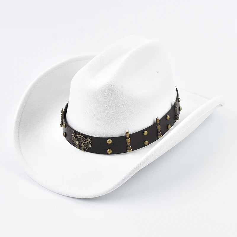 Men Women Western Cowboy Hat With Leather Vintage Big-Edge Gentleman Cowgirl Hat