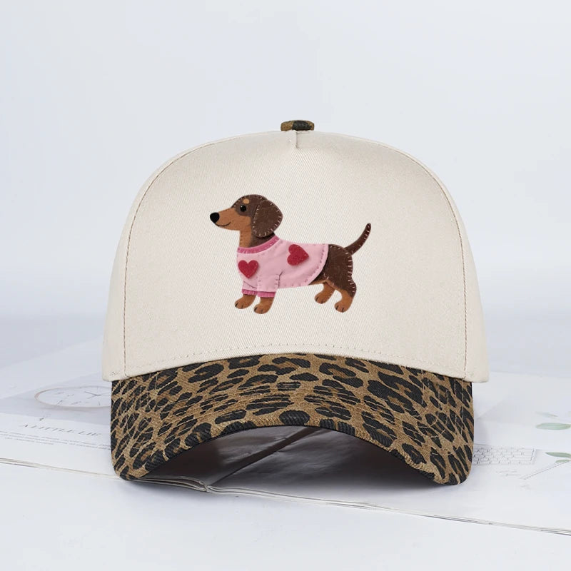 Cute Dachshund Heart-Print Color-Block Baseball Cap