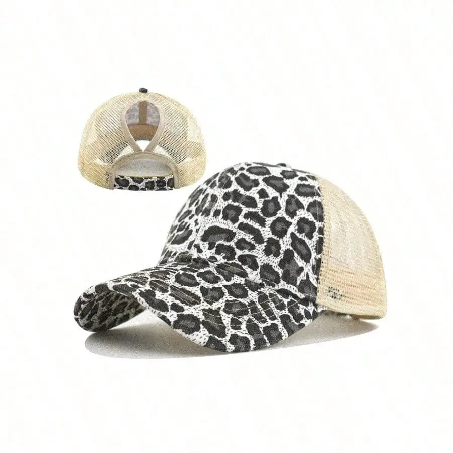 Leopard Print High Ponytail Baseball Cap Curved Brim Fedora Style Hat