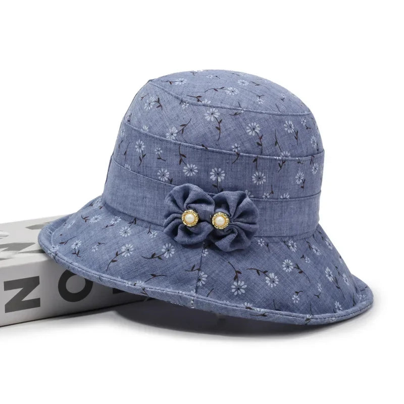 Ladies Bowler Hat Bow Printed Sun Hat Light and Breathable Sun Hat