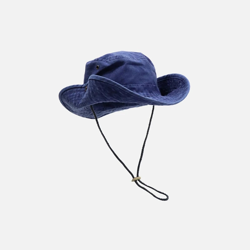Retro Black Drawstring Fisherman Climbing Hats Stylish Wide Brim Cotton Caps