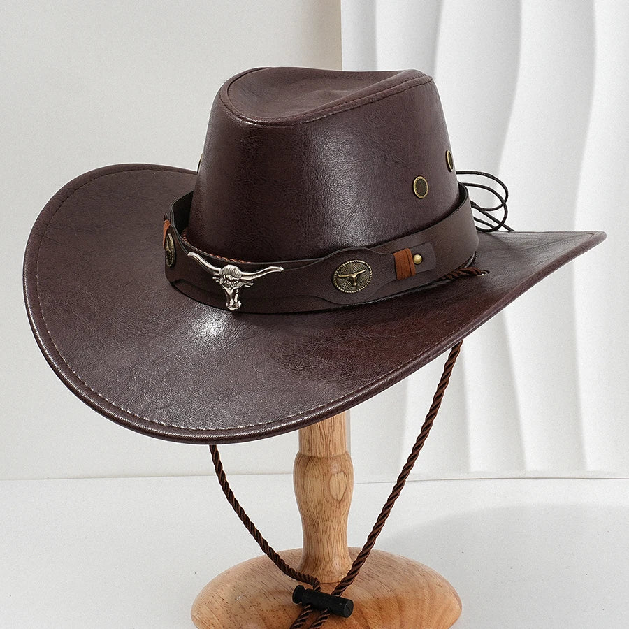 Unisex Vintage Faux Leather Western Cowboy Hat Outdoor Gentleman Cowgirl Jazz Cap