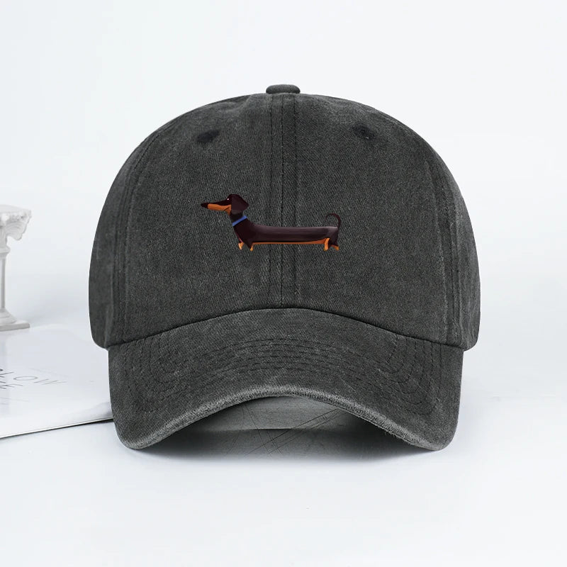 Dachshund Print Washed Baseball Cap Adorable Retro Dog Themed Style Perfect For Outdoor Walks