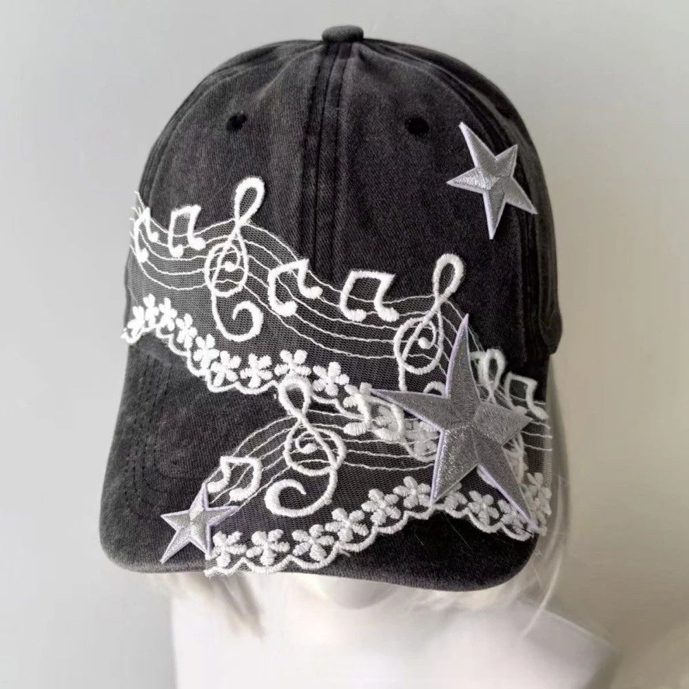 Y2K Musical Note Star Embroidery Lace Baseball Caps