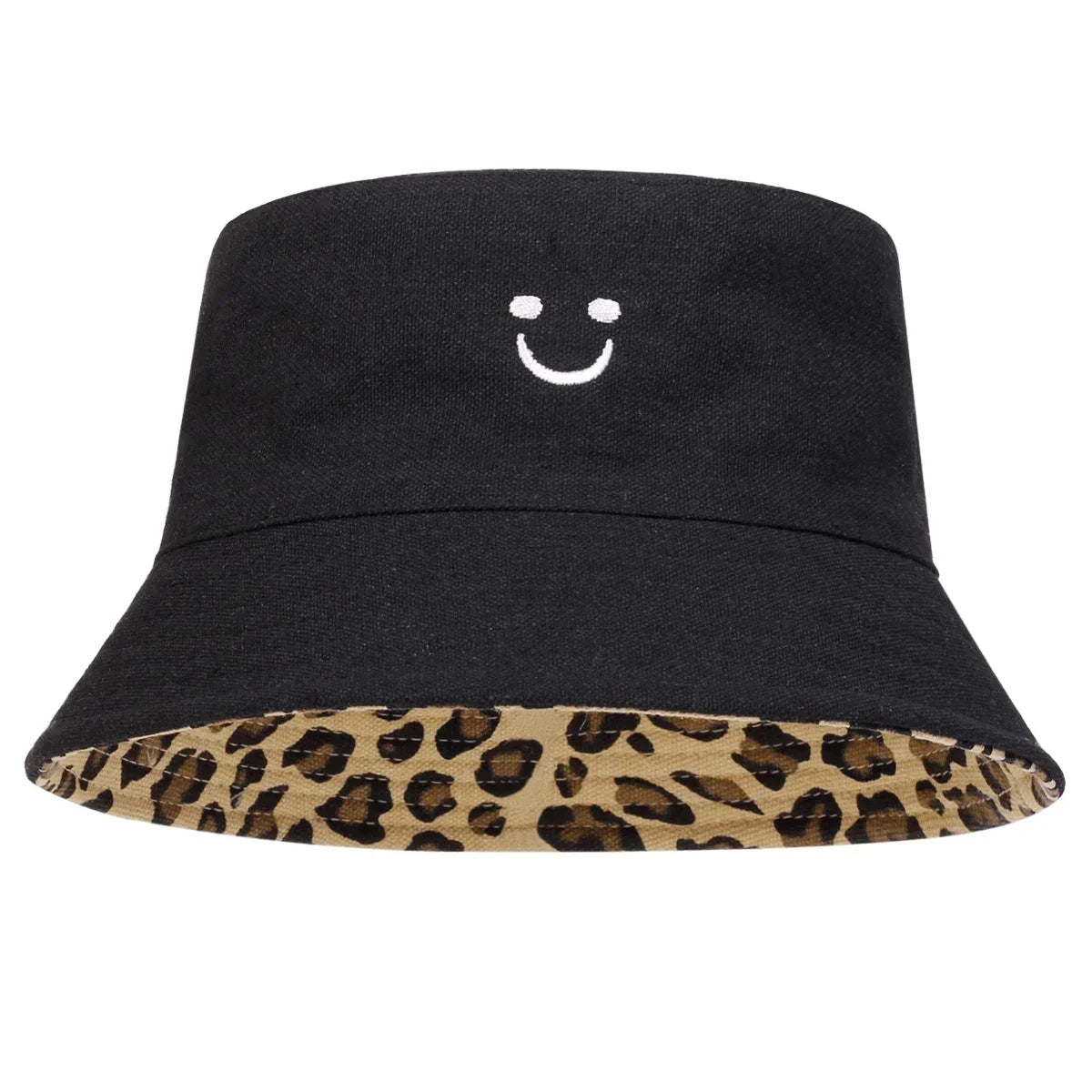 Unisex Smiling Leopard Print Double-Sided Bucket Hats Fishermen Caps