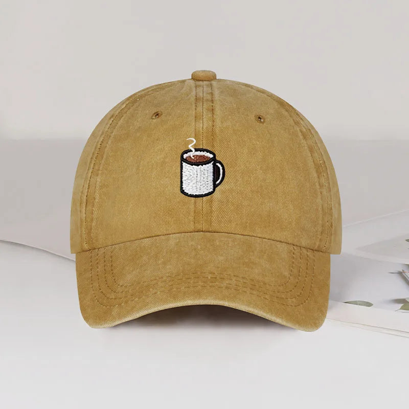 Embroidered Coffee Cup Print Washed Baseball Cap