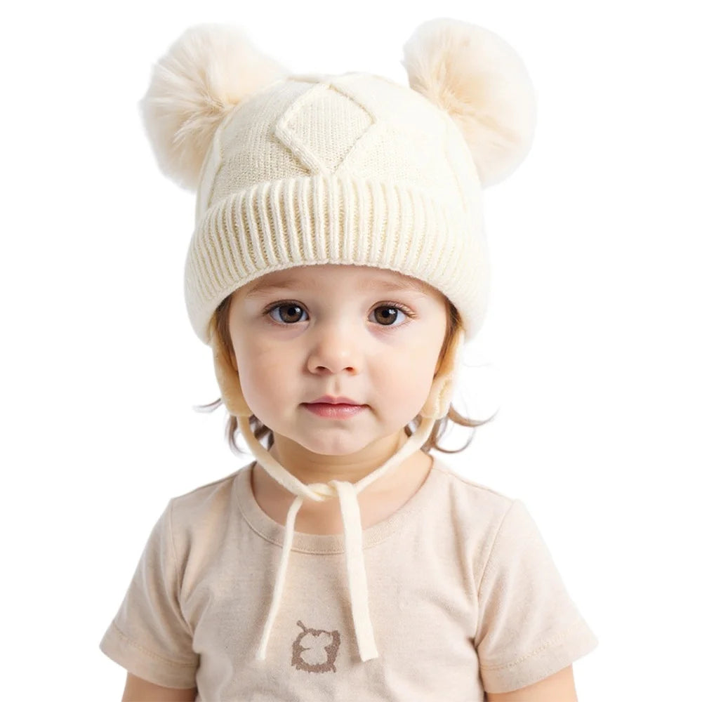 New Autumn Winter Double Ball Knitted Baby Hat For Girls Boys Baby, Ear Protection Hat