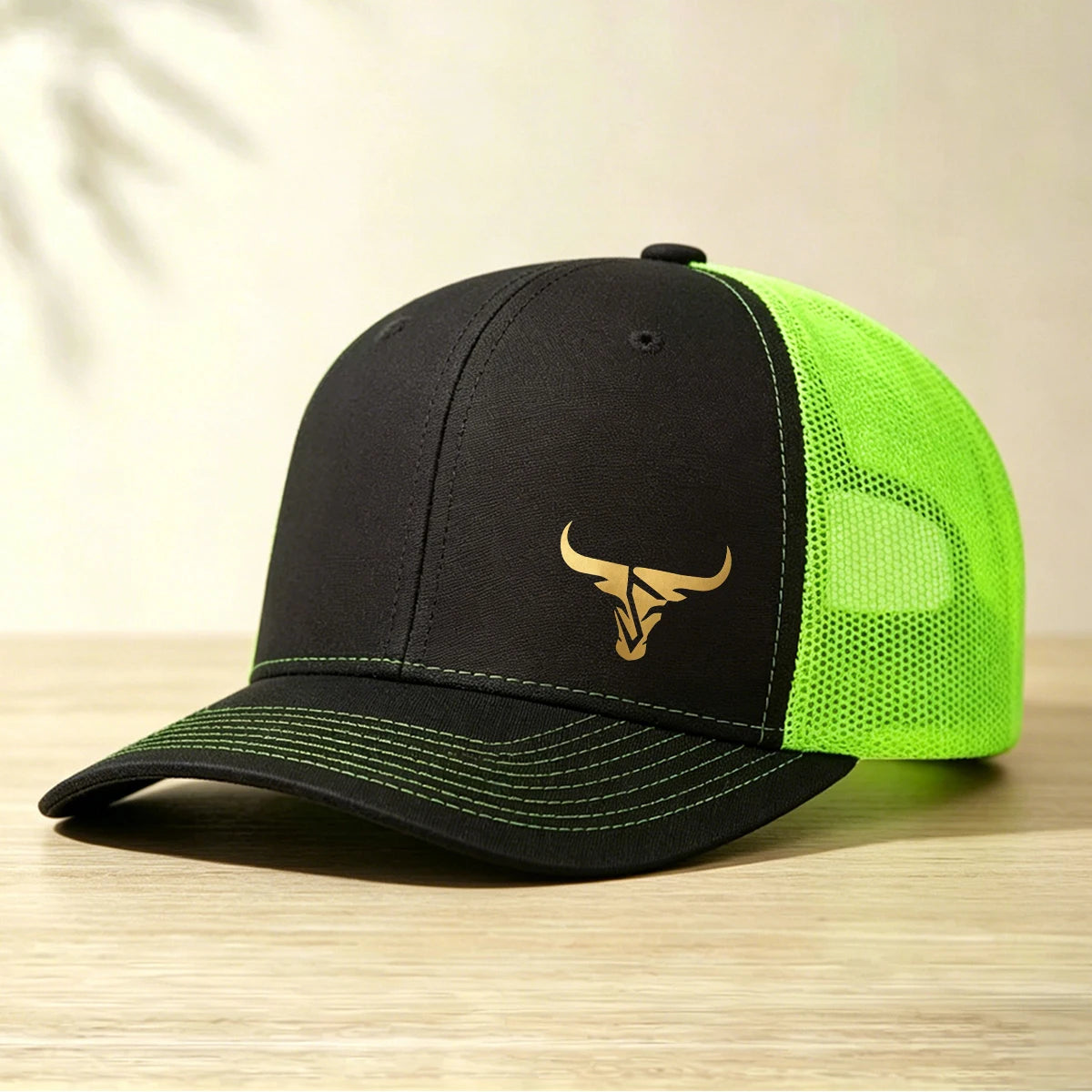1 Gold Ox Head Print Truck Cap Breathable Mesh Back Baseball Cap Outdoor Snap Caps