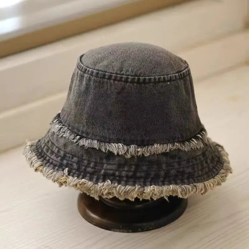 Unisex Washed Denim Bucket Hat Soft Foldable Tassel Brim Sun Hat