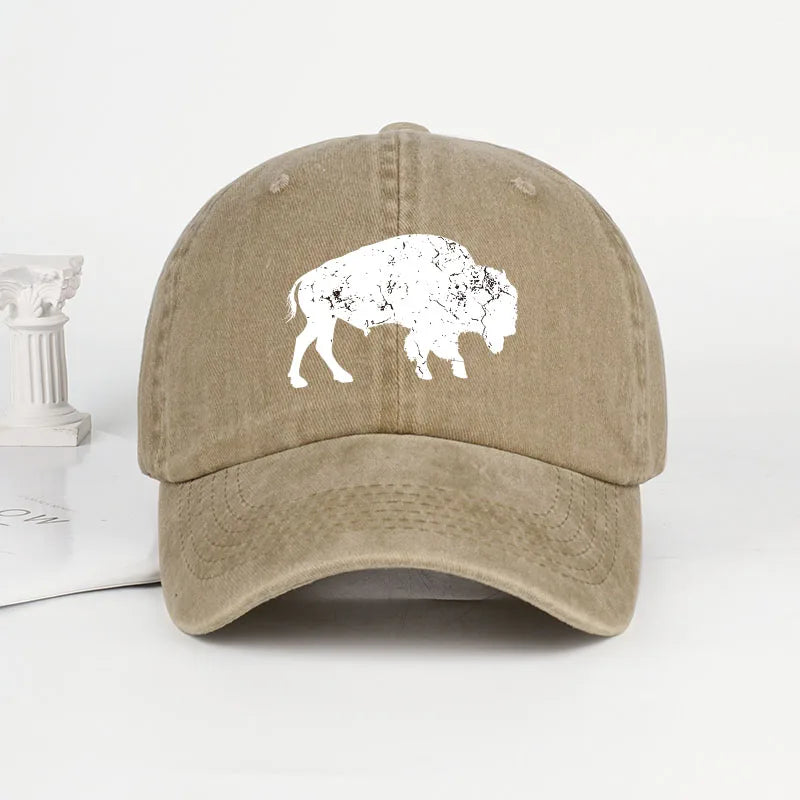 Vintage Distressed Bison Print Washed Baseball Cap