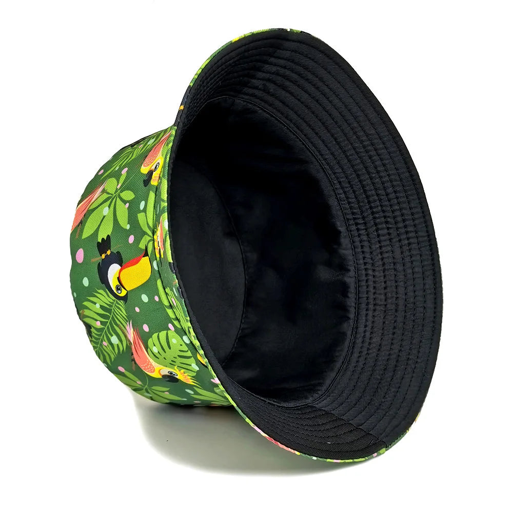 Green Leaf and Bird Pattern Bucket Hats Women Men