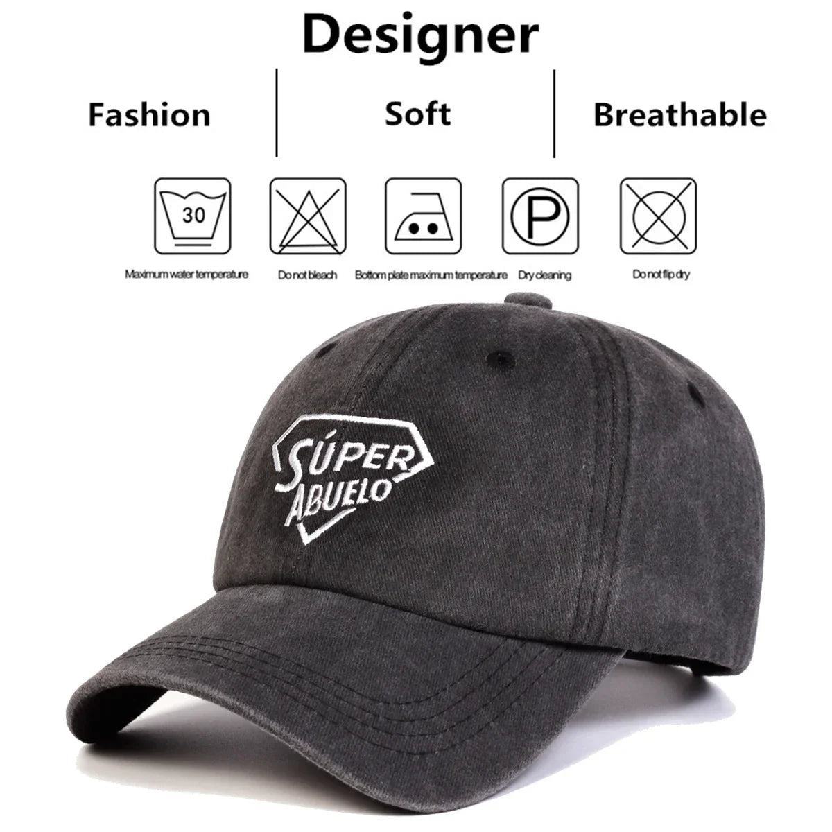 Unisex Super Abuelo Letter Embroidery Wash Baseball Caps Spring Autumn